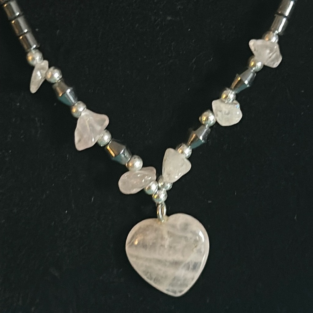 New Hand Crafted Heart Shaped Rose Quartz and Hematite Bead Necklace